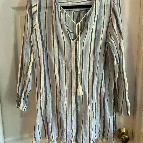 c and c california 100% Linen Shirt Blouse Small Oversized Pink Strip Tassels - Picture 2 of 7